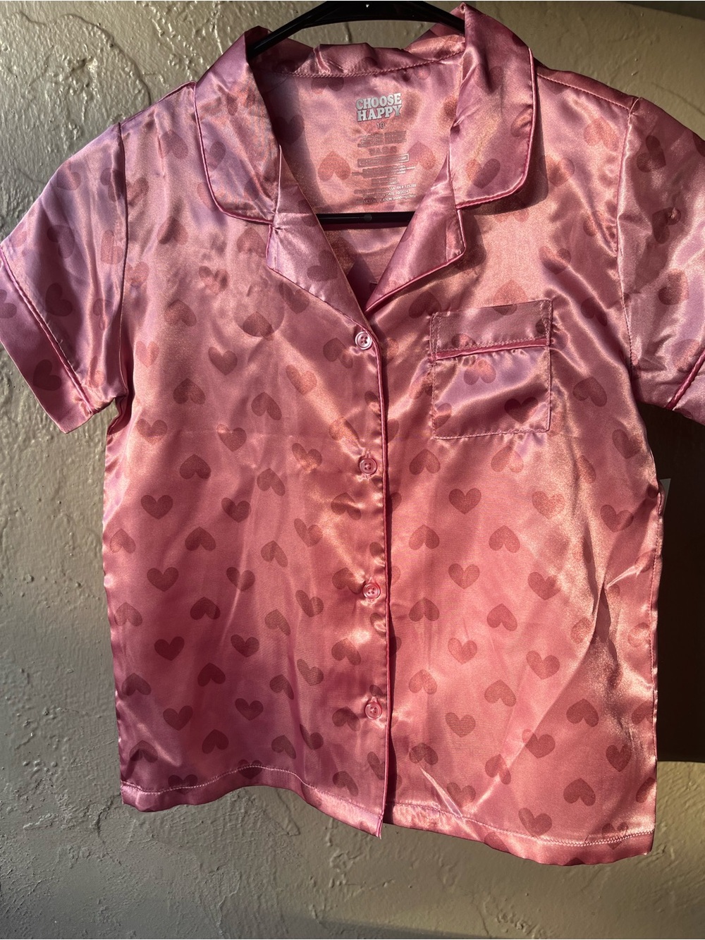 Choose Happy Girls Satin Pajama Top Pink Heart Print Button Down Size 10 girls